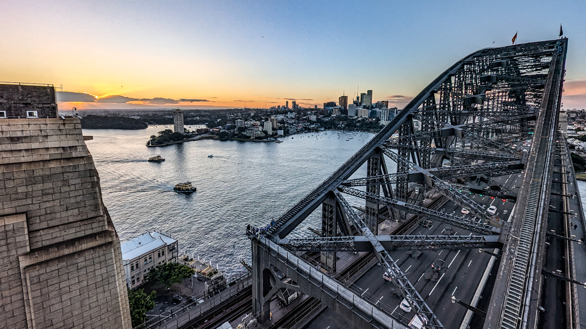 The mighty steel arch of Sydney Harbour Bridge from Pylon Lookout The mighty steel arch of Sydney Harbour Bridge from Pylon Lookout
